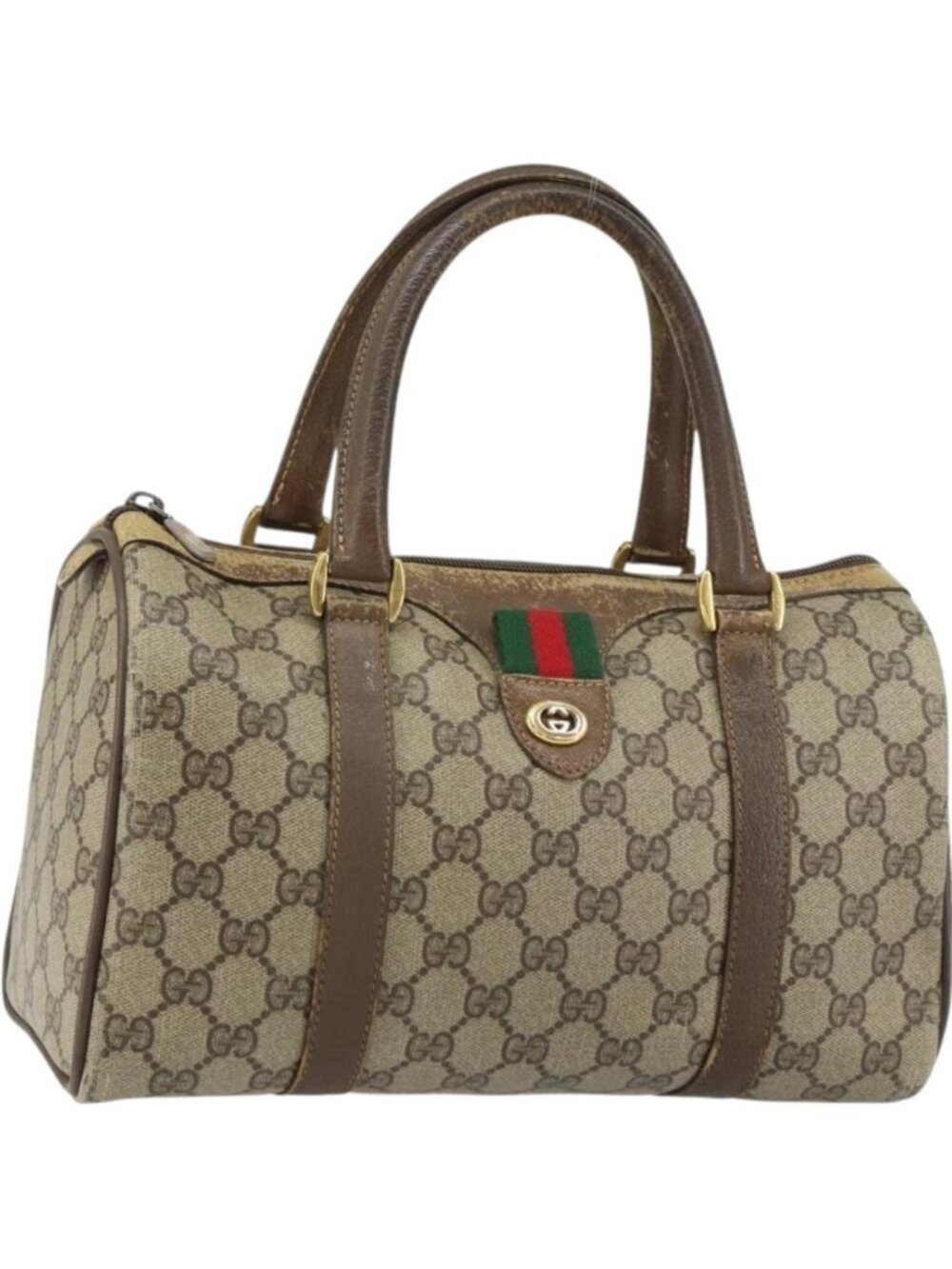 GUCCI GG Supreme Web Sherry Line Boston Bag PVC Beige Gold 40 02 006